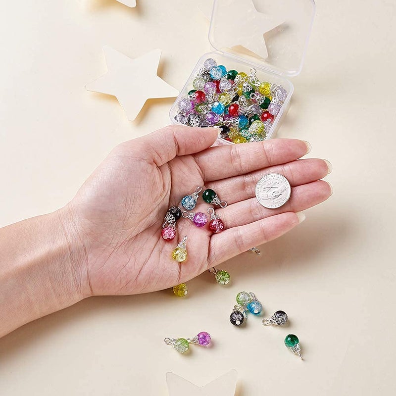 KISSITTY 80-Piece Transparent Crackle Glass Drop Beads 8 Colors Handmade Dangle Glass Charms with Bead Cap for DIY Jewelry Making - Image 5